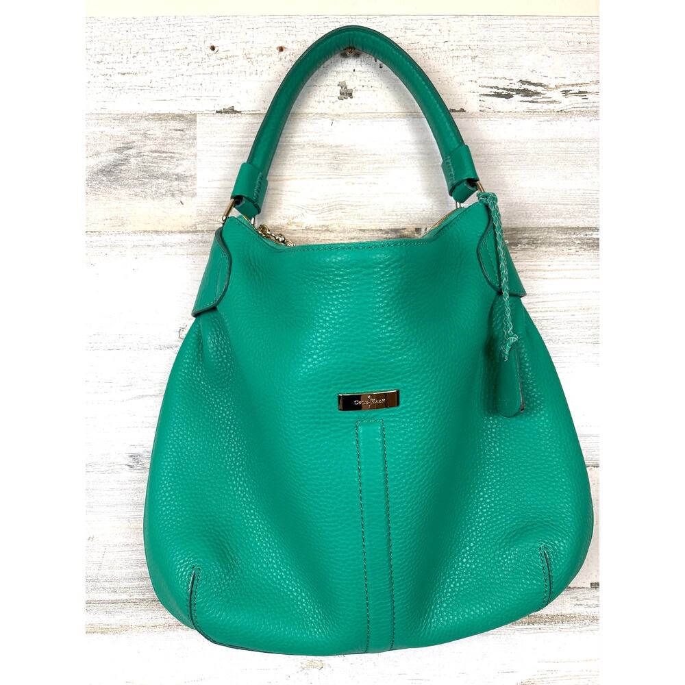 Cole Haan Womens Mint Green Pebbled Leather Hobo Bag Boho Tassel NEW